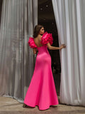 Fuchsia Maxi Dress with V-Neck, Open Back & Ruffle Mermaid Skirt – GLOWSYOU - Salons