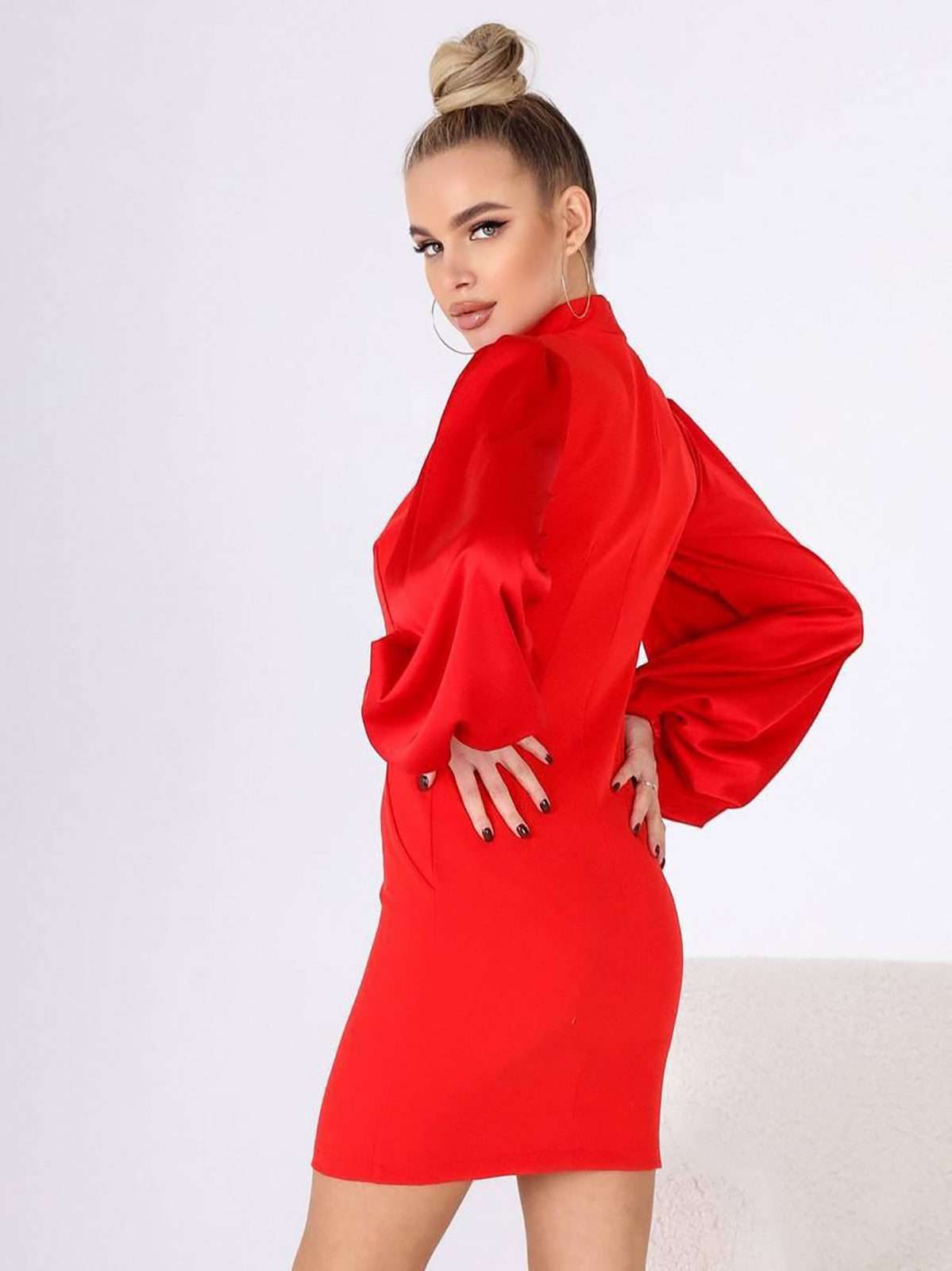 Mock Neck Puffed Satin Sleeve Body-con Mini Dress - Salons