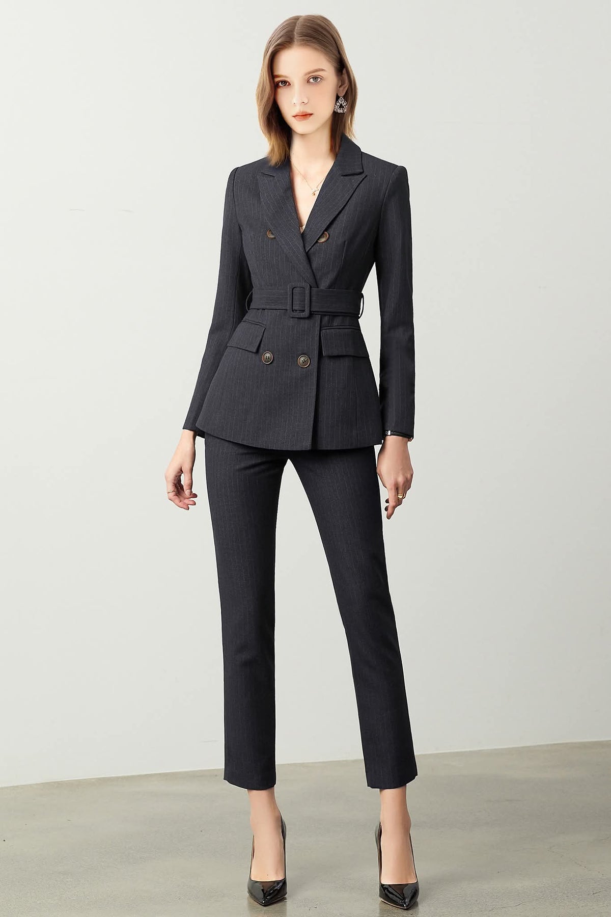 The Noir Élan Belted Stripped Suit - Salons