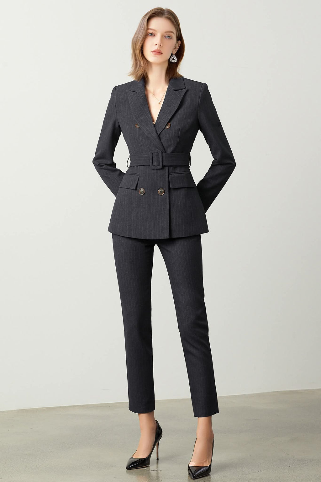 The Noir Élan Belted Stripped Suit - Salons
