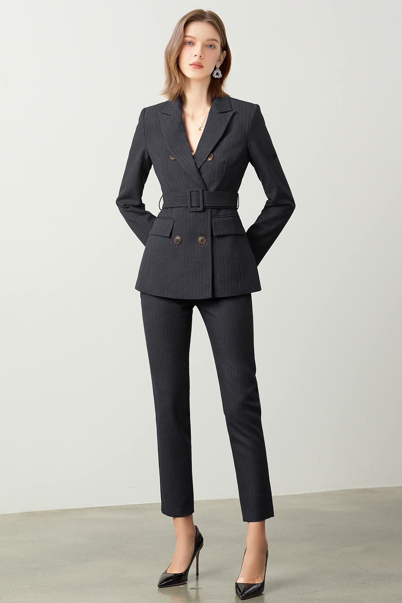 The Noir Élan Belted Stripped Suit - Salons