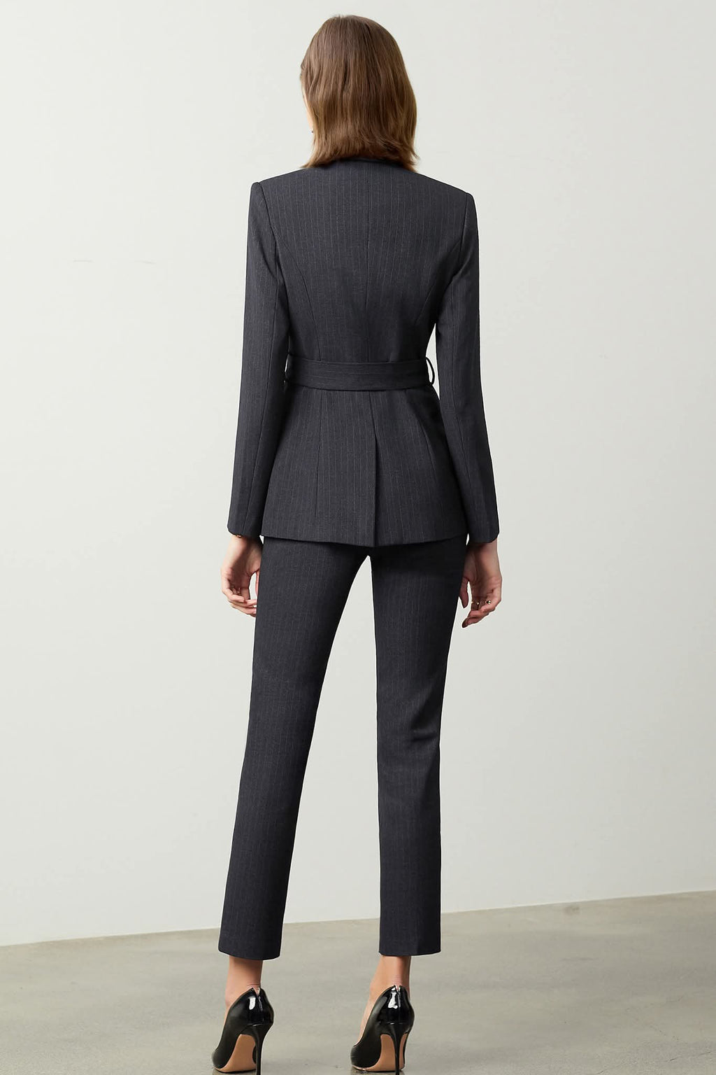 The Noir Élan Belted Stripped Suit - Salons