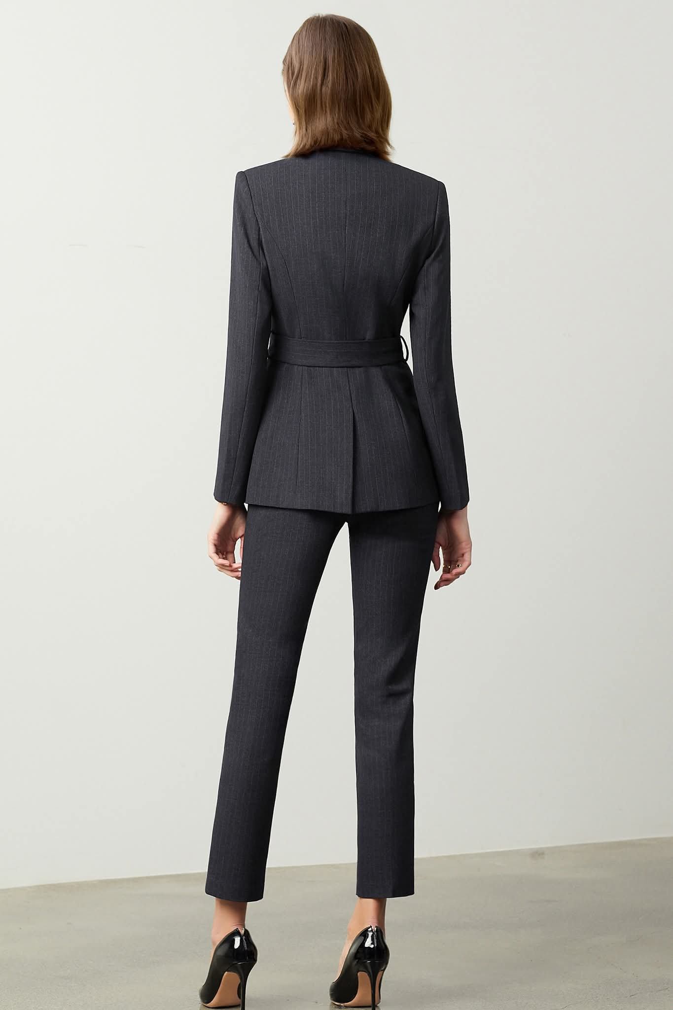 The Noir Élan Belted Stripped Suit - Salons