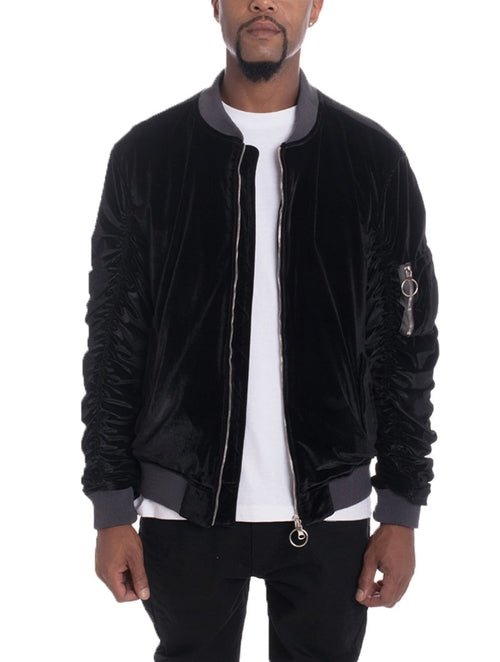 Velour Cinch Sleeve Bomber Jacket - Salons