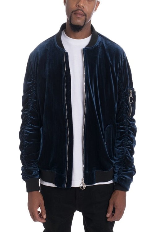 Velour Cinch Sleeve Bomber Jacket - Salons
