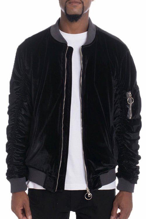 Velour Cinch Sleeve Bomber Jacket - Salons