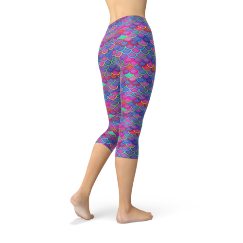 Womens Purple Pink Mermaid Capri Leggings - Salons