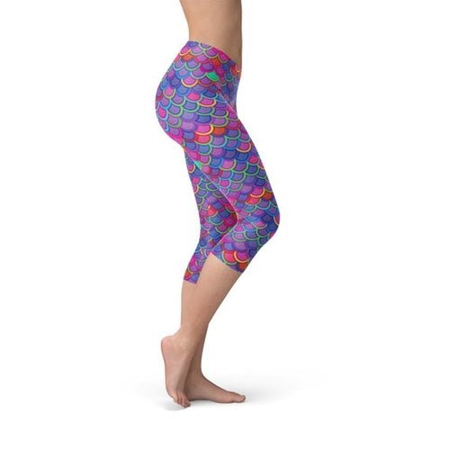 Womens Purple Pink Mermaid Capri Leggings - Salons